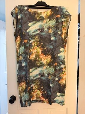 Elk Multicolor Abstract Print Shift Dress - Teal, Gray, Peach